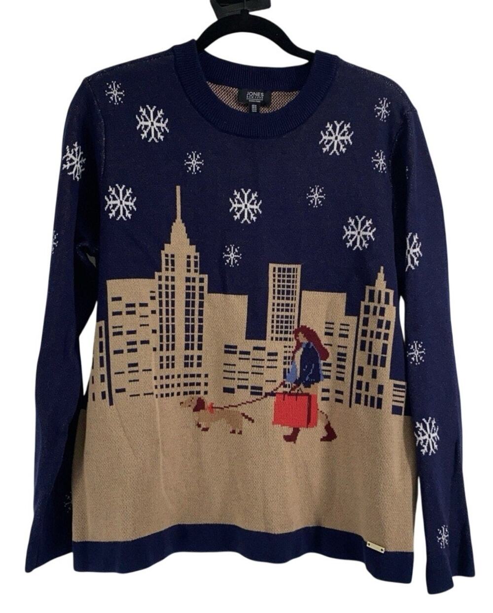 Jones New York Signature Navy Snowflake Cityscape Knit Sweater Women's Med